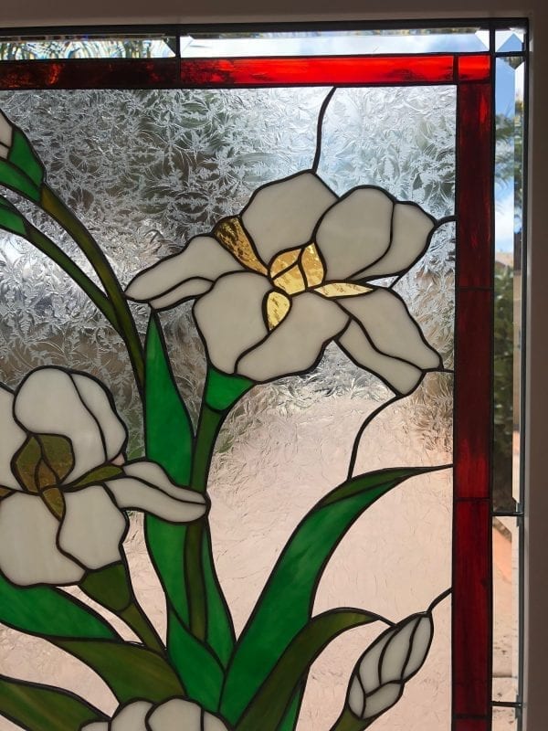 Lovely Iris Leaded Stained Glass Window ( Insulated and pre-installed in vinyl frame)