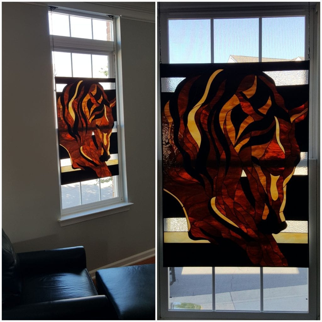 Beautiful stallion stained glass window panel insert