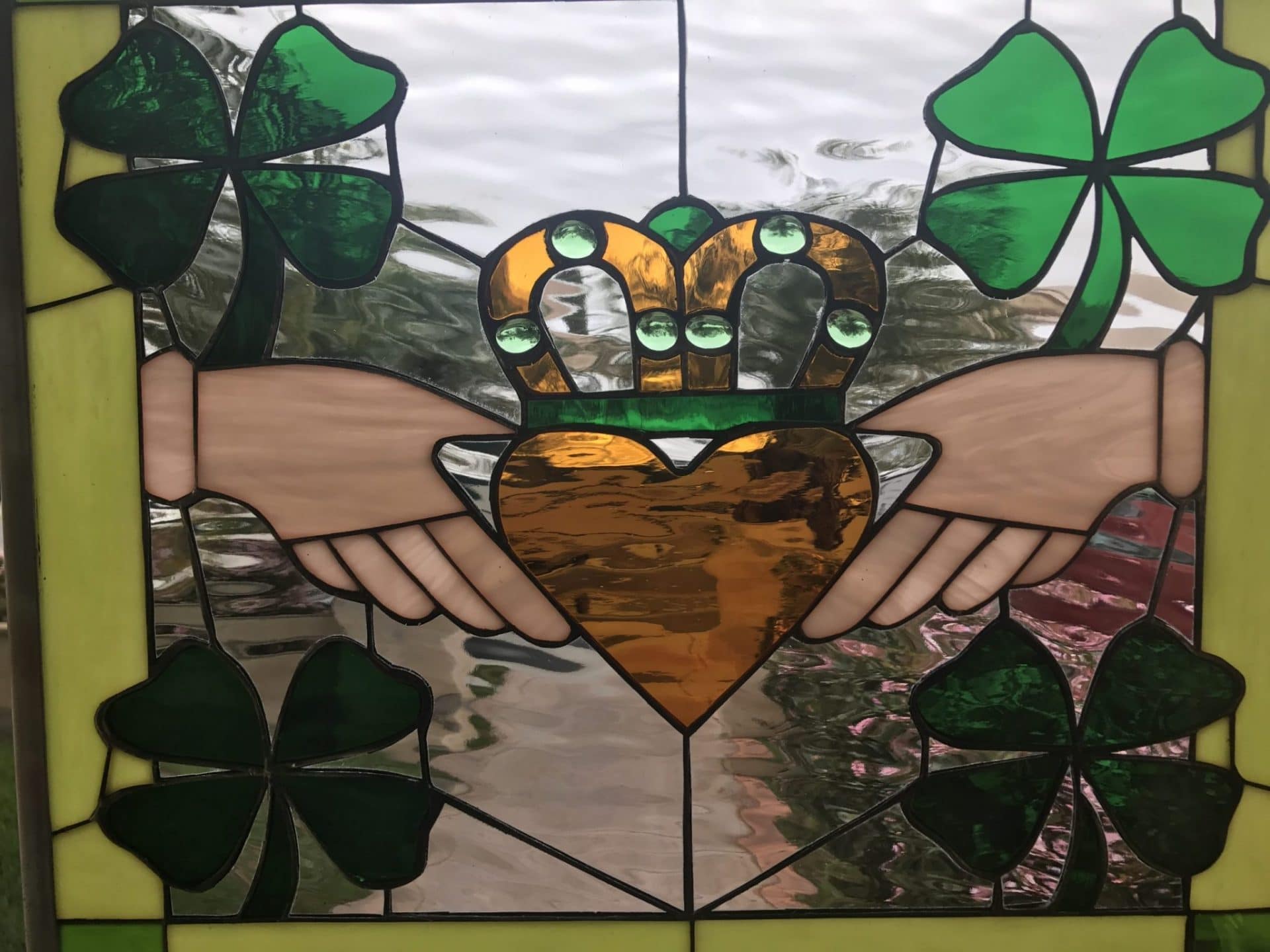Irish Claddagh Ring Leaded Stained Glass Window Panel