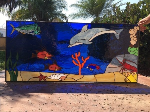 Lobster, Mahi, Hogfish and Leaded Dolphin Stained Glass Panel