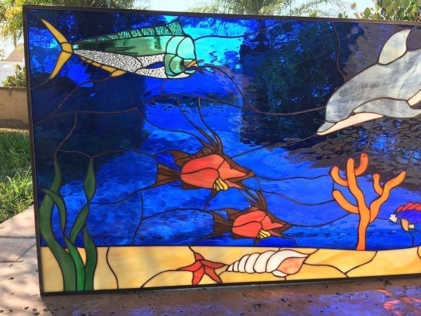 Lobster, Mahi, Hogfish and Leaded Dolphin Stained Glass Panel