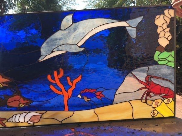 Lobster, Mahi, Hogfish and Leaded Dolphin Stained Glass Panel