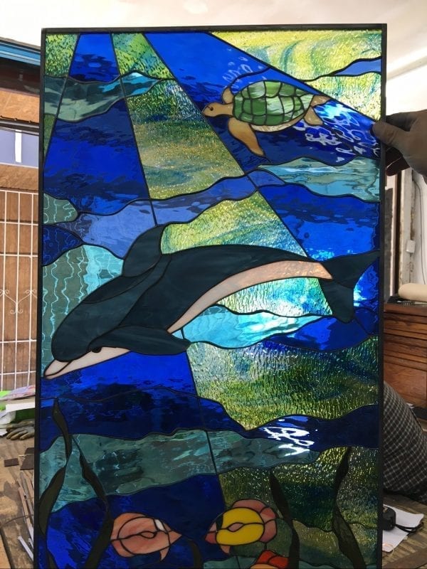Sea Turtle, Fish, and Seashells Leaded Stained Glass Panel