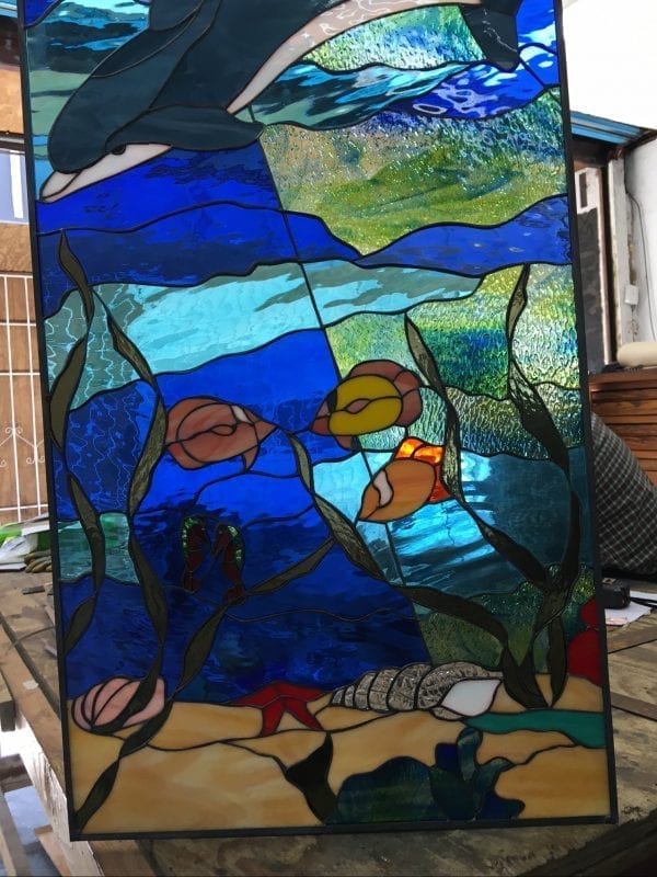 Sea Turtle, Fish, and Seashells Leaded Stained Glass Panel