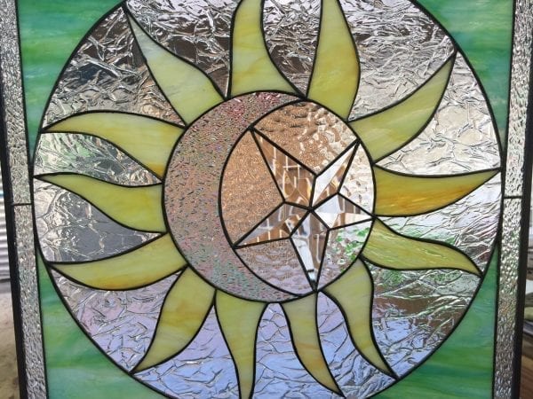 Mystical Sun, Moon & Beveled Star Leaded Stained Glass Window Panel