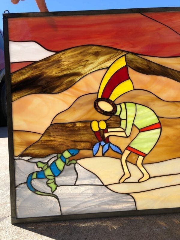 Awesome! Kokopelli, Lizard & Desert Quail Leaded Stained Glass Panel