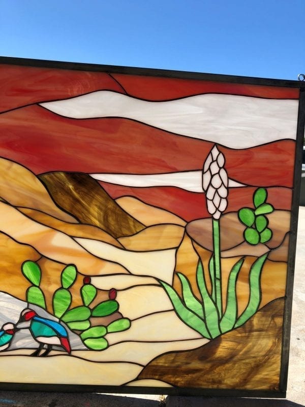 Awesome! Kokopelli, Lizard & Desert Quail Leaded Stained Glass Panel