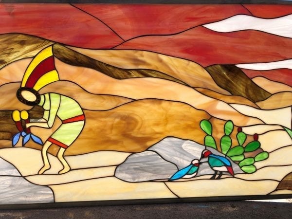 Awesome! Kokopelli, Lizard & Desert Quail Leaded Stained Glass Panel