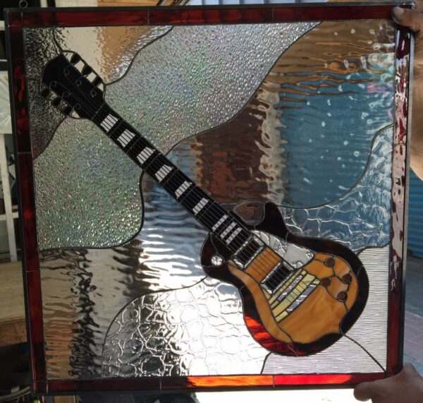Les Paul Electric Guitar Leaded Stained Glass Window Panel