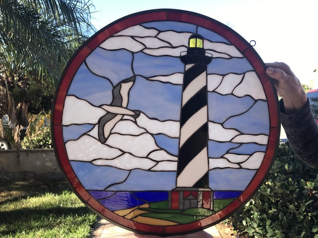 Lighthouse & Seagull Leaded Stained Glass Window Panel