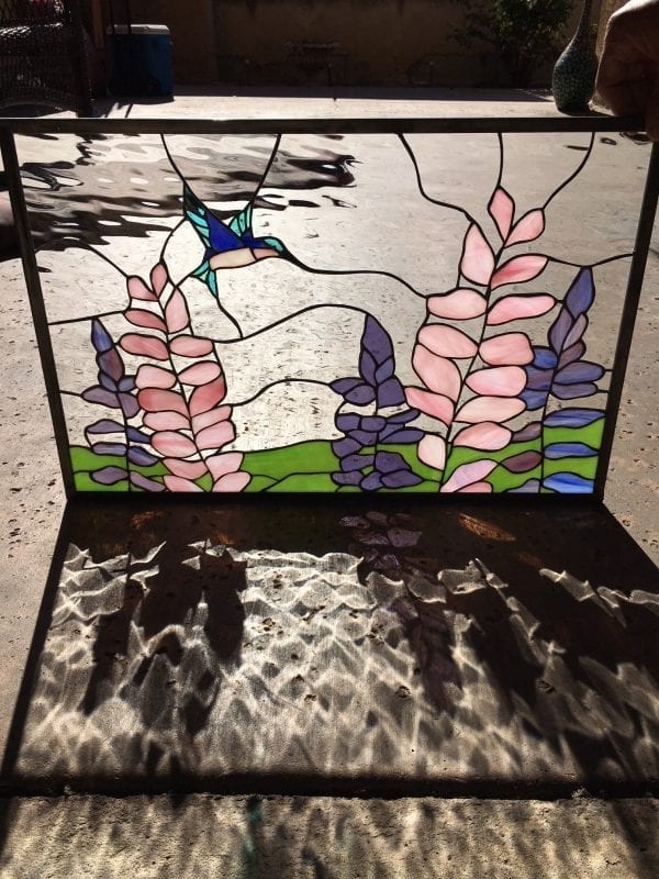 Lupine Flowers & Hummingbird Leaded Stained Glass Window Panel