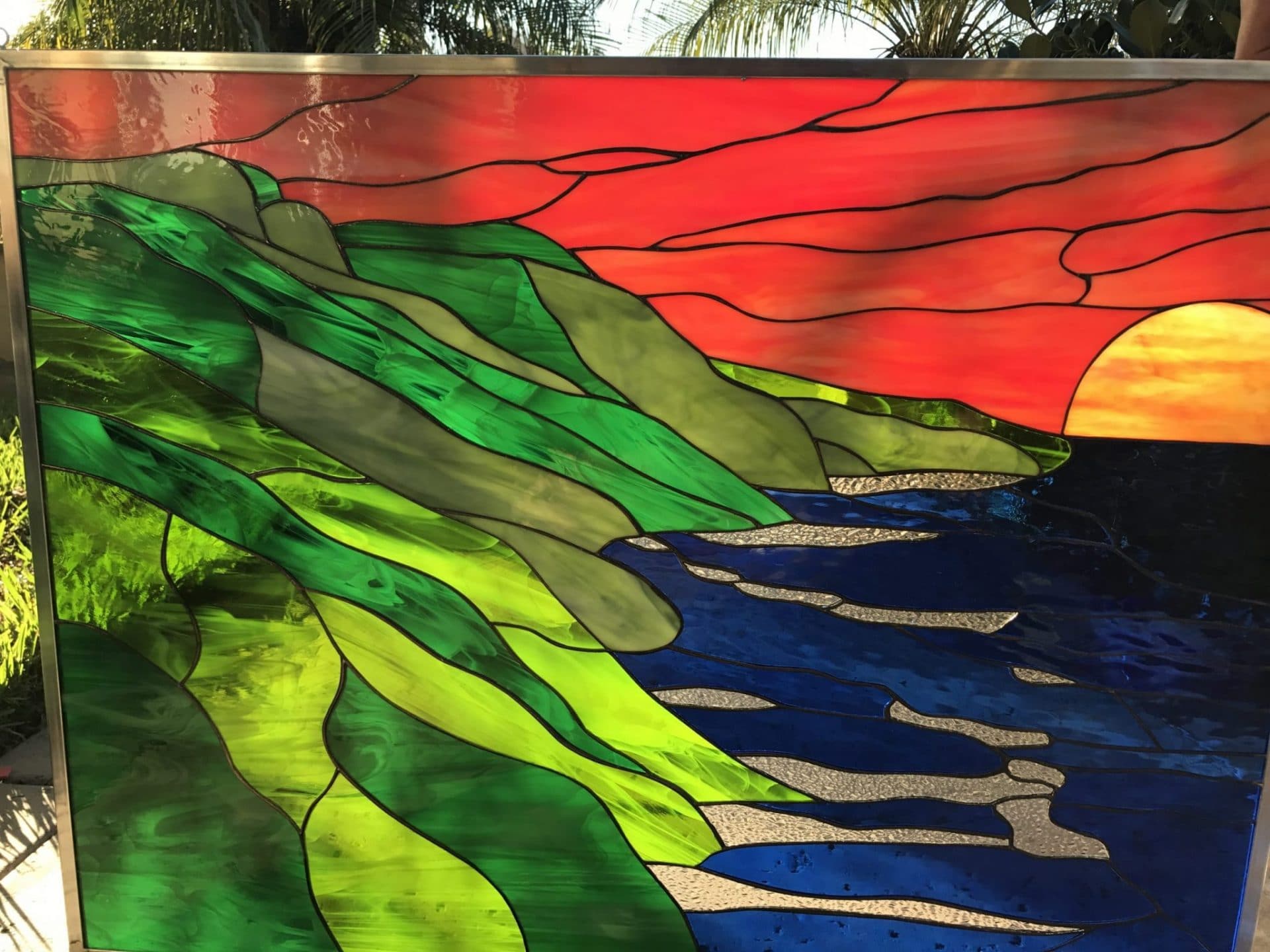All Original! Hawaiian Coastline & Sunset Leaded Stained Glass Window Panel