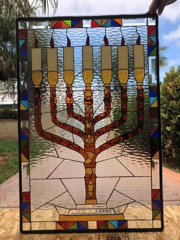Beautiful! Jewish Menorah Stained Glass Window Panel