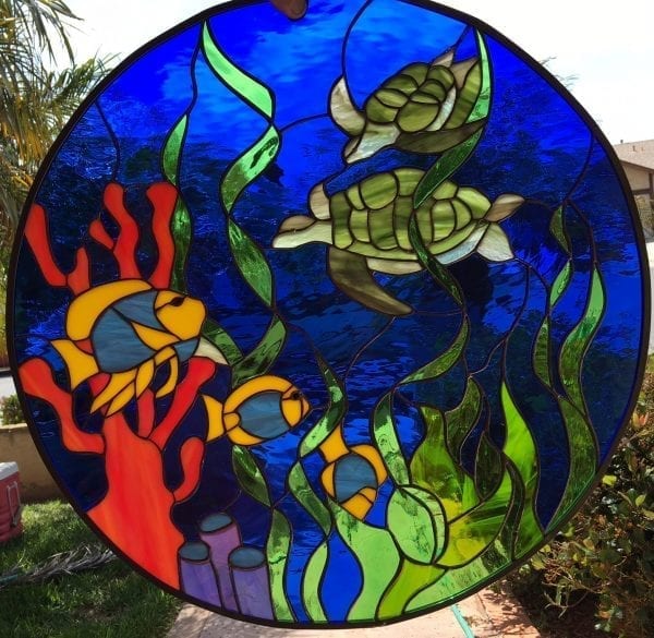 All original! Turtles & Coral Stained Leaded Glass Leaded Window Panel
