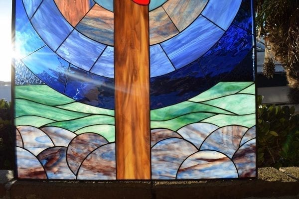 Unique "Cross & Hearts" Leaded Stained Glass Window Panel