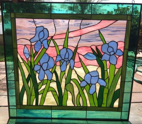 Incredible Purple Iris Blossoms Leaded Stained Glass Window Panel