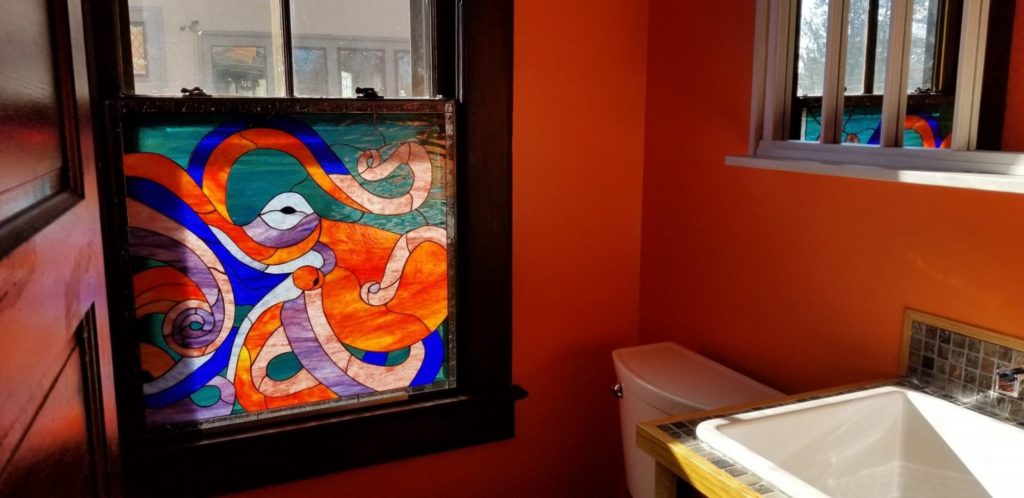 Wow! Colorful Octopus Stained Glass Window Installed In A Bathroom