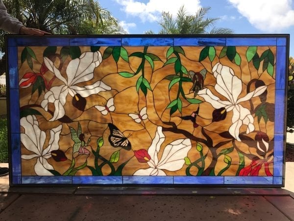 Gorgeous Wild Orchids, Butterfly and Fairies Large Stained Glass Window Panel