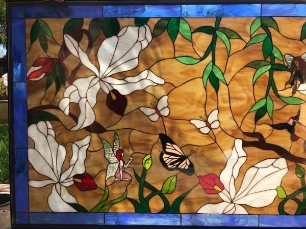 Gorgeous Wild Orchids, Butterfly and Fairies Large Stained Glass Window Panel