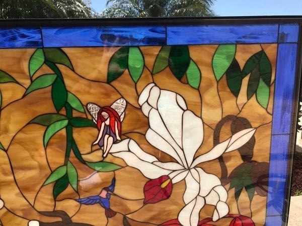 Gorgeous Wild Orchids, Butterfly and Fairies Large Stained Glass Window Panel