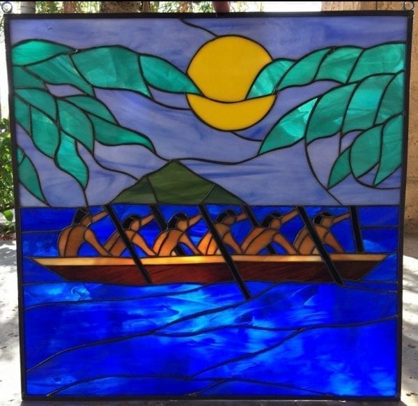 Hawaiian Paddlers Stained Glass Leaded Window Panel