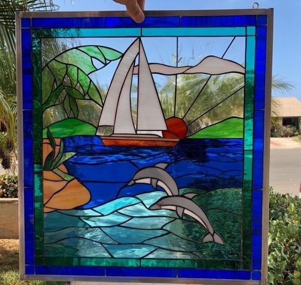 Playing Dolphins, Sailboat and Palm Leaded Stained Glass Window Panel
