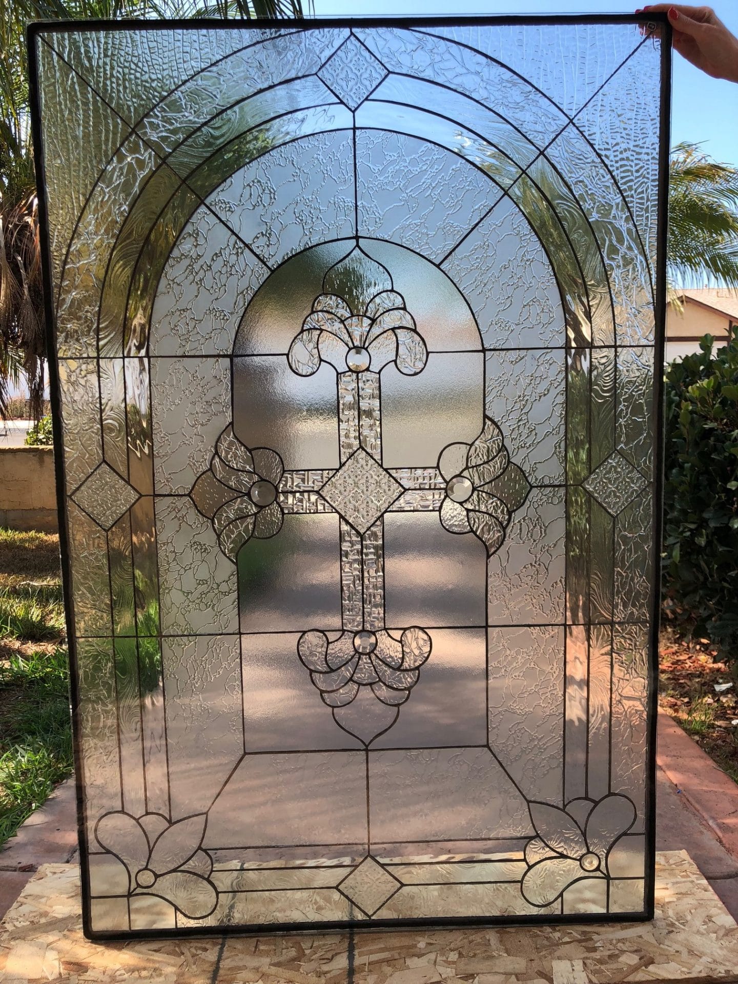 Beautiful All Clear Textured Cross Stained Glass Window Panel