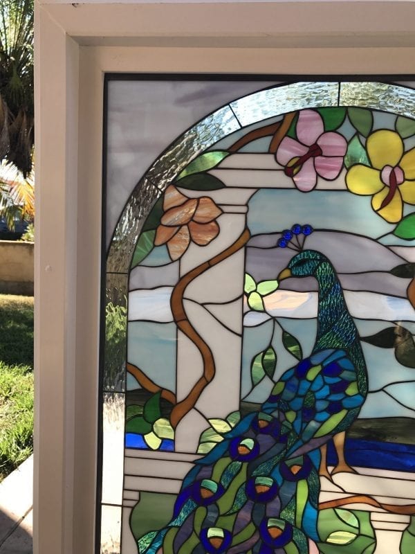 Vinyl Framed and Tempered Glass Insulated!! The "Peacock and Hibiscus" Stained Glass Window