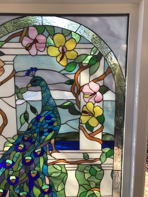 Vinyl Framed and Tempered Glass Insulated!! The "Peacock and Hibiscus" Stained Glass Window