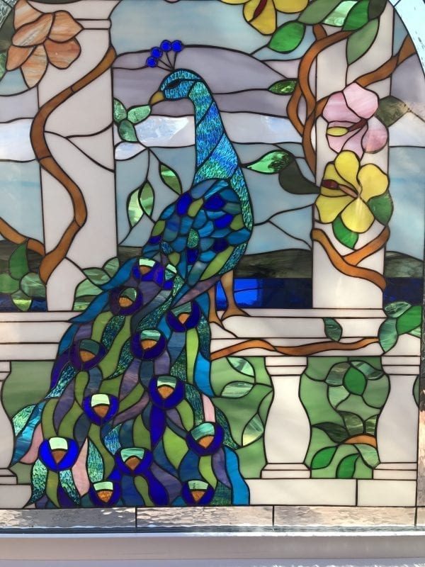 Vinyl Framed and Tempered Glass Insulated!! The "Peacock and Hibiscus" Stained Glass Window
