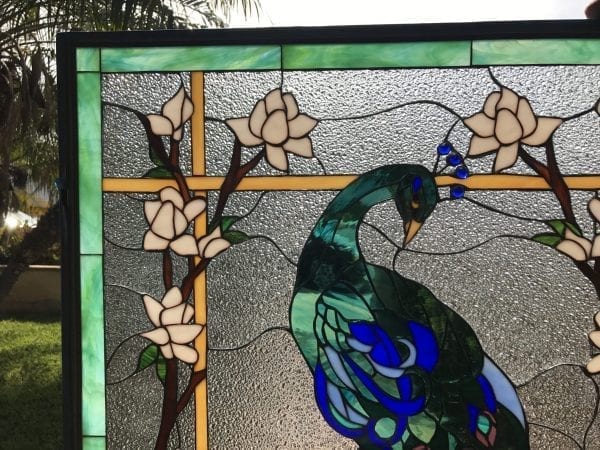 Magnificent Peacock & Magnolia Flowers Leaded Stained Glass Window Panel