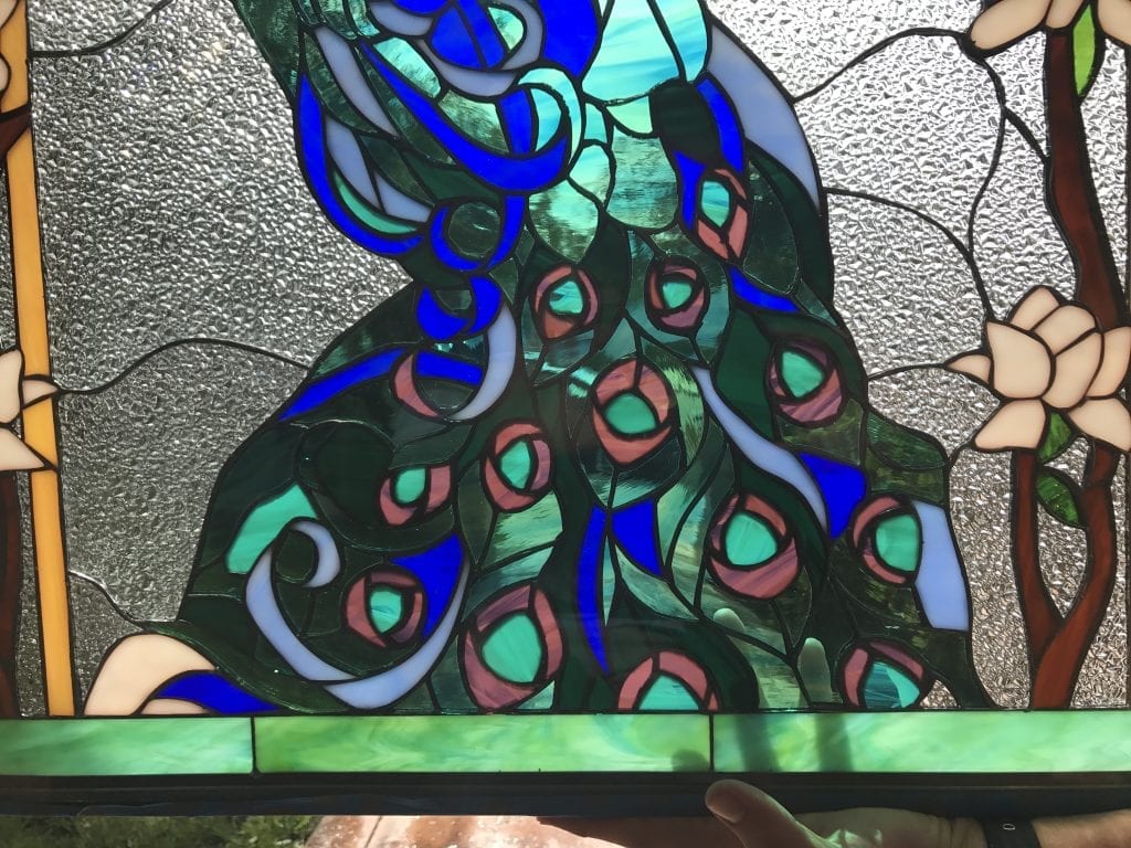Magnificent Peacock & Magnolia Flowers Leaded Stained Glass Window Panel