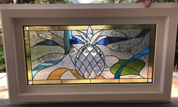 Vinyl Framed and Tempered Glass Insulated!! The "Pineapple & Ribbons" Stained Glass & Beveled Window