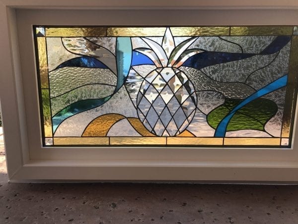 Vinyl Framed and Tempered Glass Insulated!! The "Pineapple & Ribbons" Stained Glass & Beveled Window