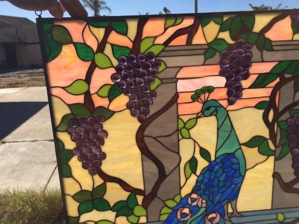 Colorful! Peacock & Grape Cluster Leaded Stained Glass Window