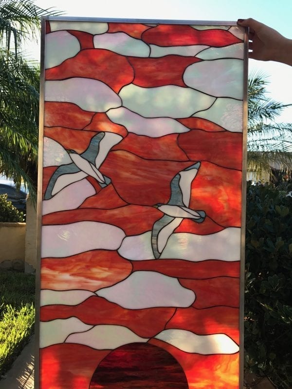 Magnificent! Sunset And Poppy Flowers Stained Glass Window Panel Or Cabinet Insert