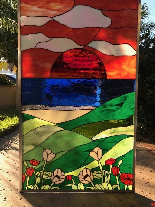 Magnificent! Sunset And Poppy Flowers Stained Glass Window Panel Or Cabinet Insert