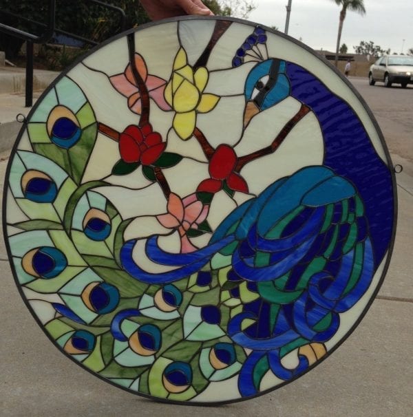 Peacock Tail & Flowers Leaded Stained Glass Window Panel