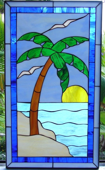 Palm Tree Sun Seagulls Leaded Stained Glass Window Panel