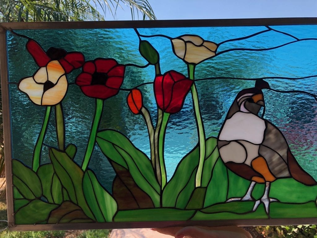 Lovely Quail & Poppies Leaded Stained Glass Window Panel