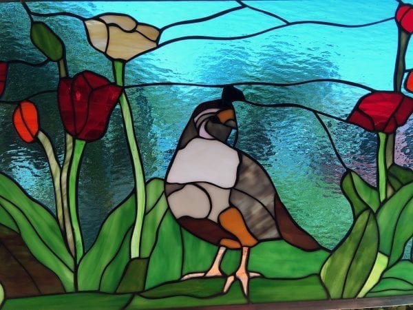 Lovely Quail & Poppies Leaded Stained Glass Window Panel