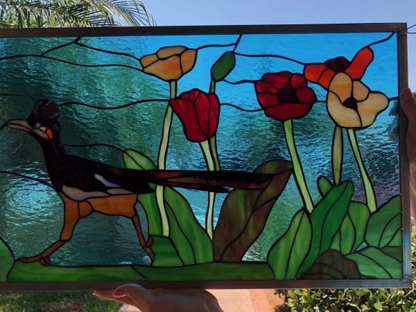 Roadrunner & Poppies Leaded Stained Glass Window Panel