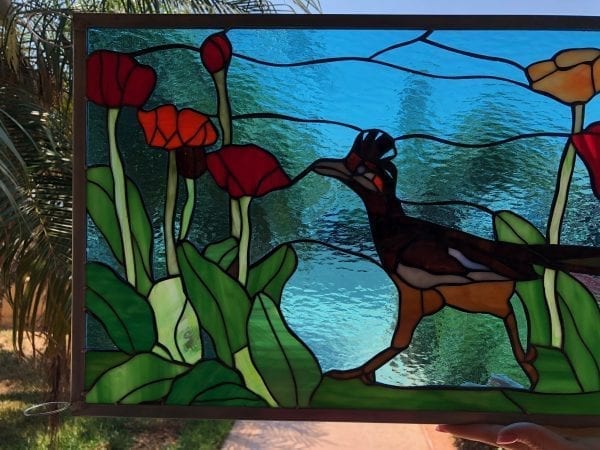 Roadrunner & Poppies Leaded Stained Glass Window Panel