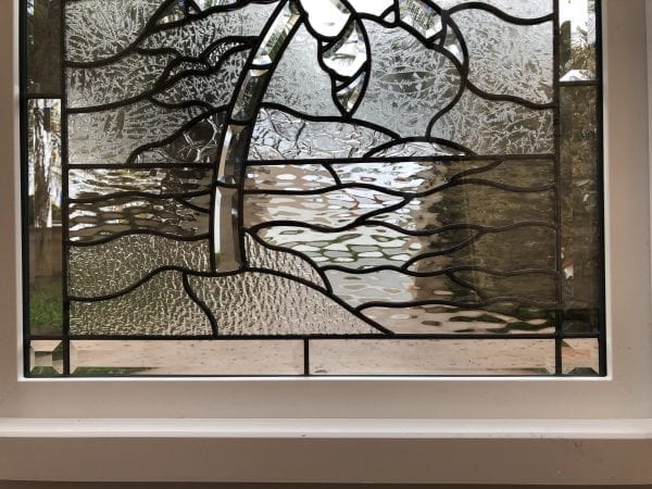 The "Palm Tree & Sunset" Beveled Leaded Stained Glass Window (Insulated In Tempered Glass & Vinyl Framed)
