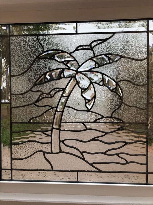 The "Palm Tree & Sunset" Beveled Leaded Stained Glass Window (Insulated In Tempered Glass & Vinyl Framed)