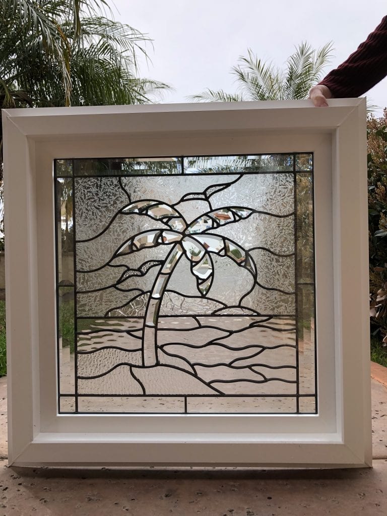 The "Palm Tree & Sunset" Beveled Leaded Stained Glass Window (Insulated In Tempered Glass & Vinyl Framed)