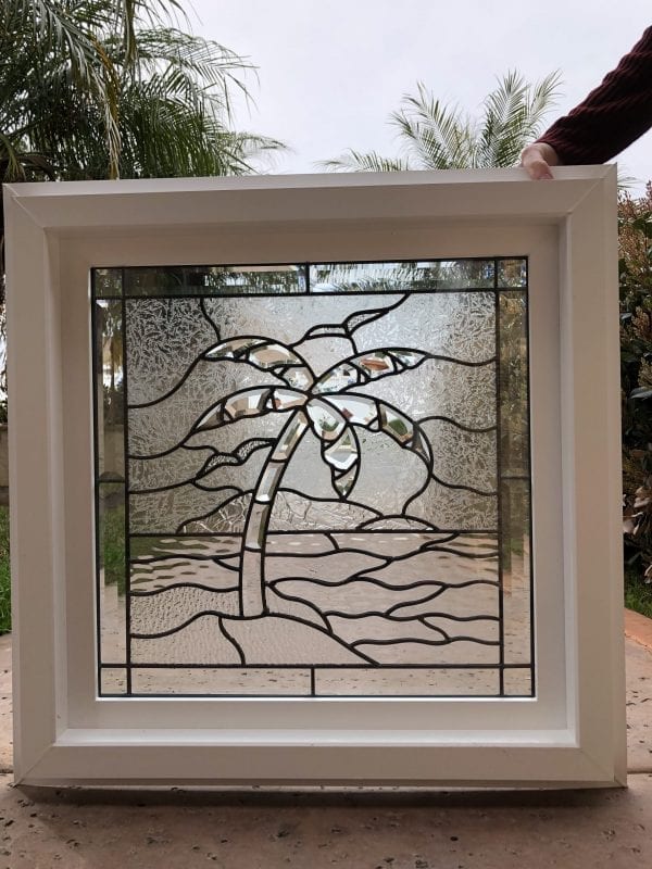 The "Palm Tree & Sunset" Beveled Leaded Stained Glass Window (Insulated In Tempered Glass & Vinyl Framed)