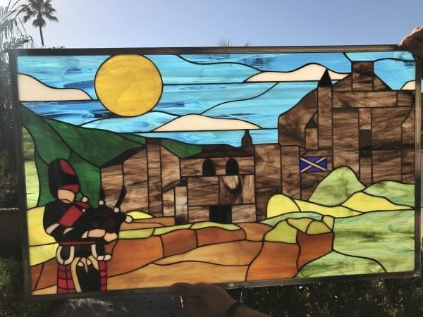 All Original Scottish / Scotland Bagpiper & Castle Leaded Stained Glass Window Panel