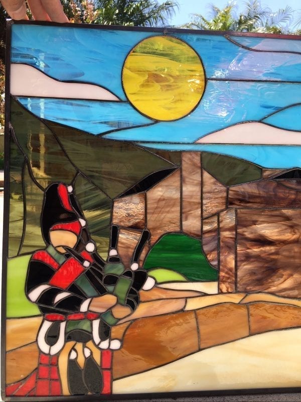 All Original Scottish / Scotland Bagpiper & Castle Leaded Stained Glass Window Panel