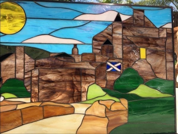 All Original Scottish / Scotland Bagpiper & Castle Leaded Stained Glass Window Panel